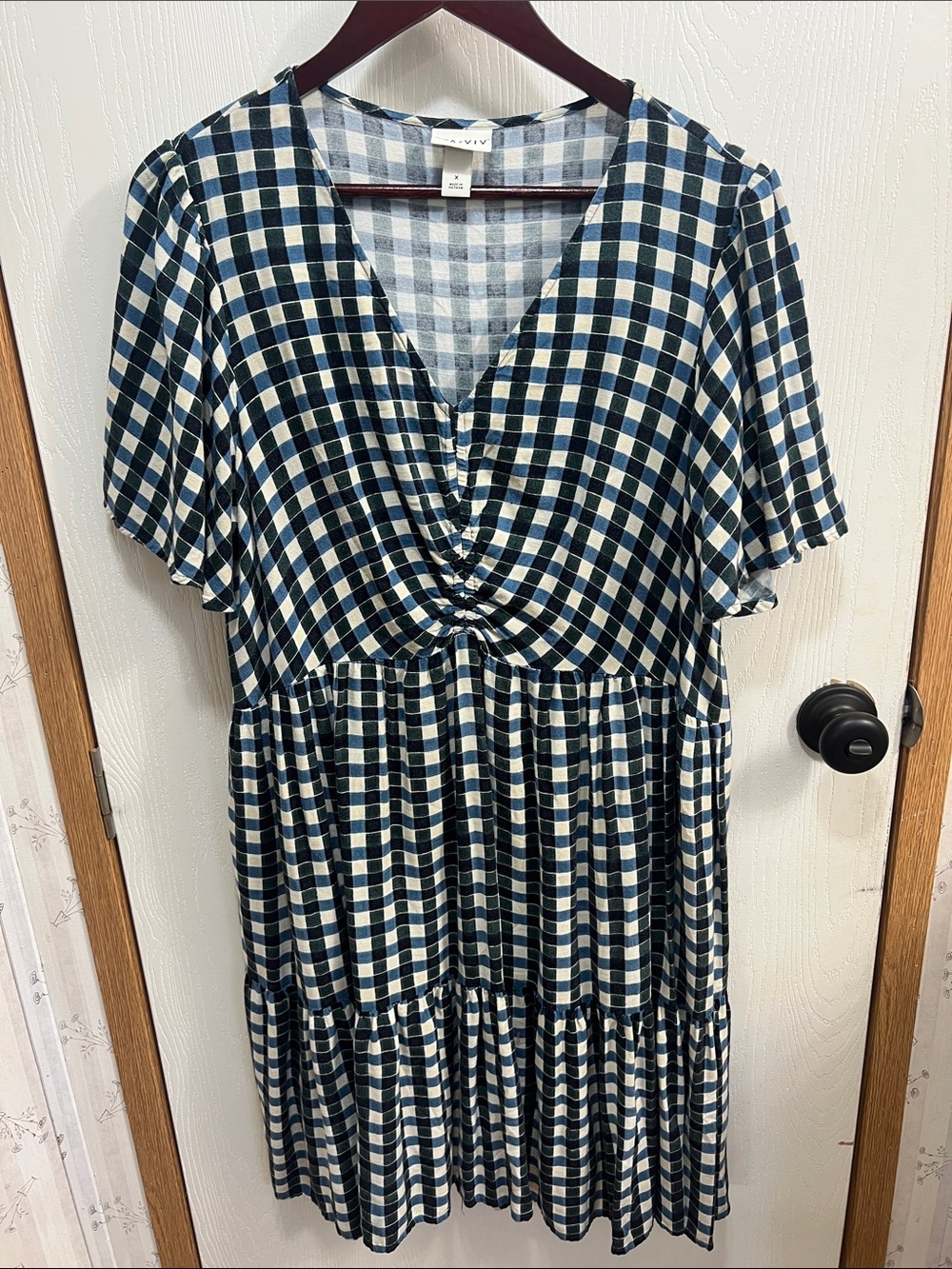 Ava & Viv Navy and White Gingham Twist-Front Midi Dress